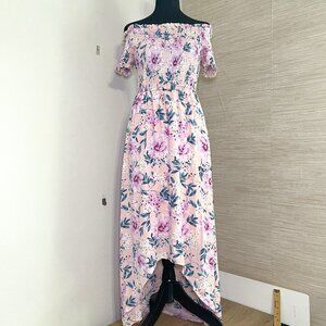 Women's Small Charming Charlie Pink Floral Off The Shoulder High-Low Maxi Dress